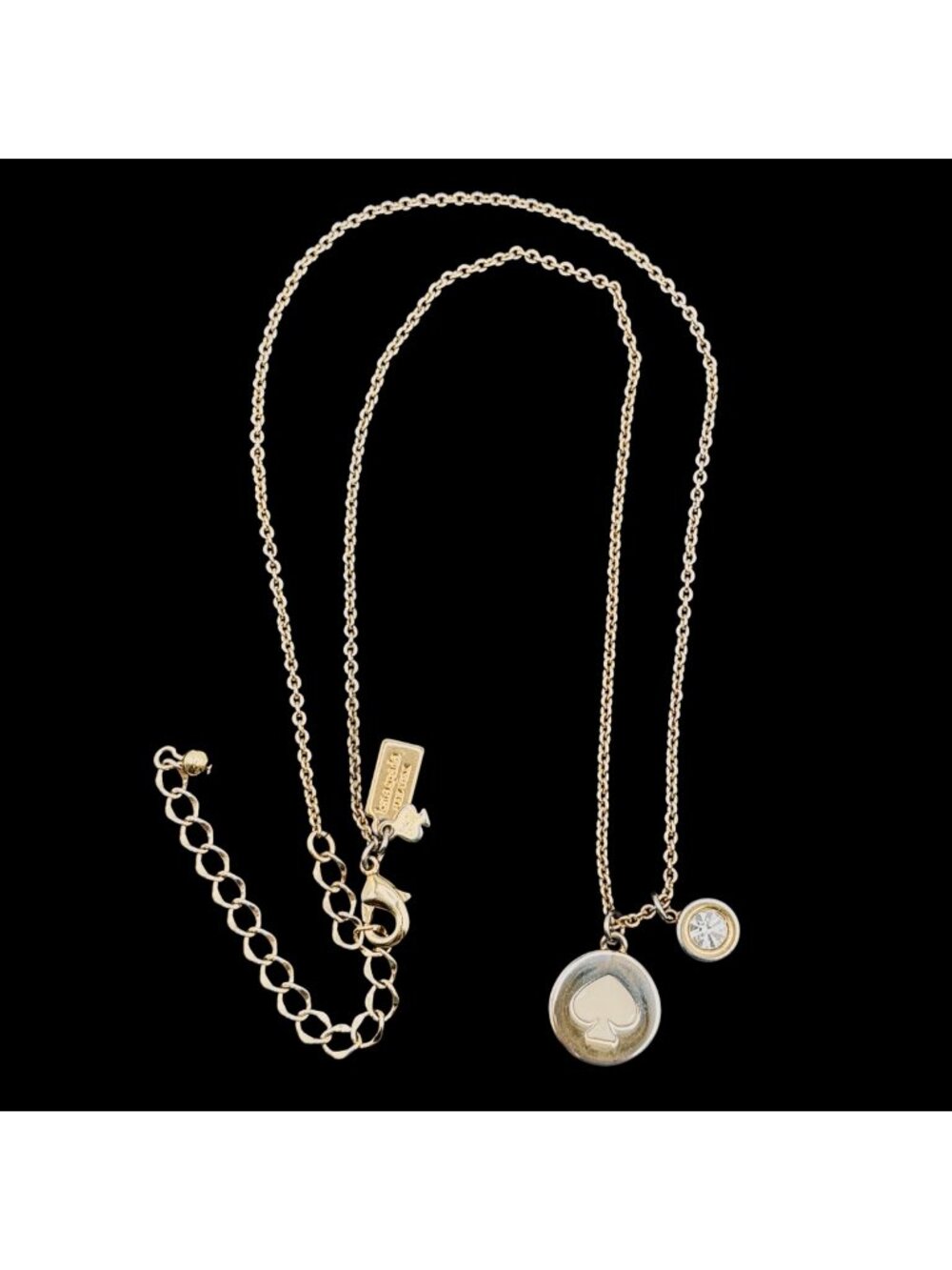 Kate Spade Logo Charm Necklace Gold Tone Rhinestone Charm Minimalist Y2K 18"